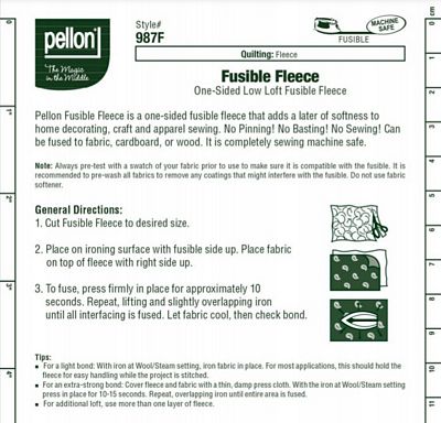 Pellon Fusible Fleece White Quilting Fabric 45 x 60 Machine Safe  987FPKG-2103